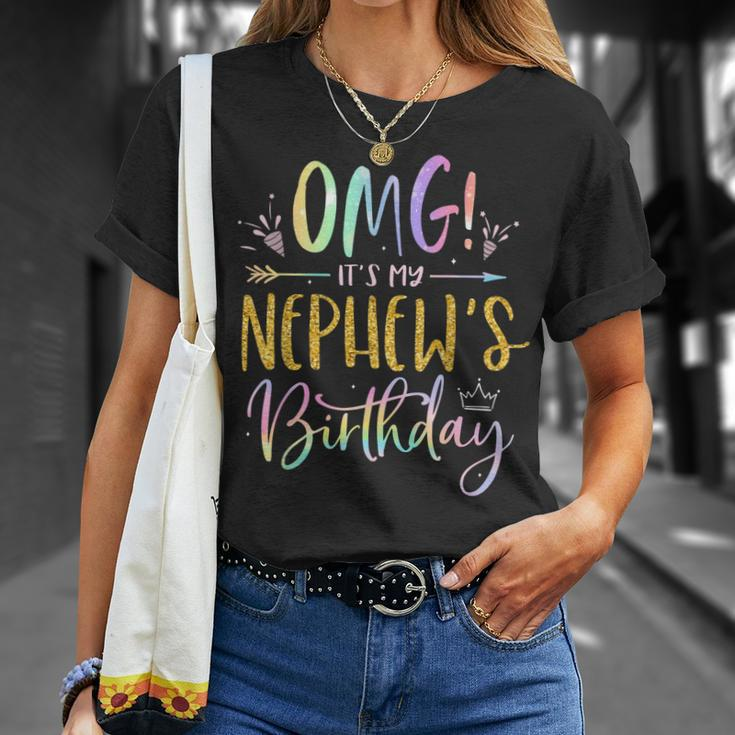 Omg Its My Nephews Birthday Happy Bday Uncle Aunt Tie Dye Unisex T-Shirt Gifts for Her