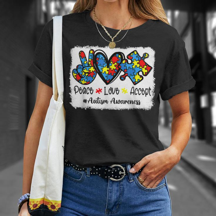 Peace Love Accept Autism Puzzle Pieces Autism Mom Dad Kids Unisex T-Shirt Gifts for Her