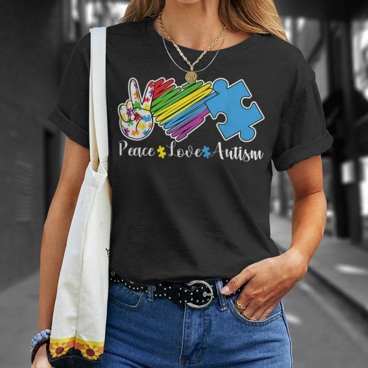 Peace Love Autism Puzzle In April We Wear Blue For Autism Unisex T-Shirt Gifts for Her