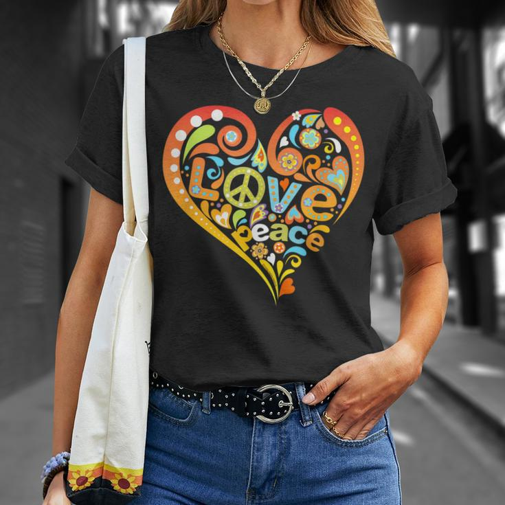 Pretty 60S 70S Hippie Peace Love Heart Peace Sign Unisex T-Shirt Gifts for Her