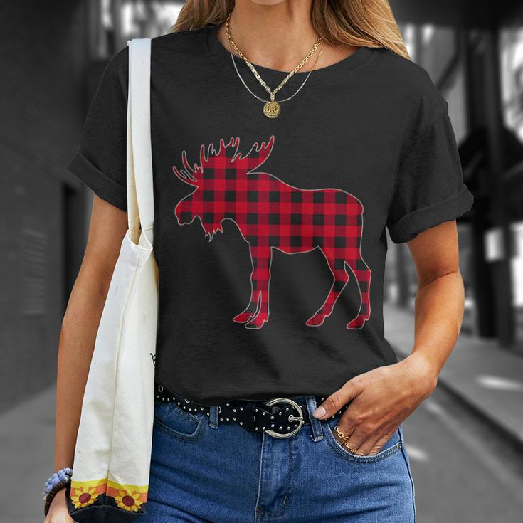 Red Plaid Buffalo Moose Christmas Matching Family Pajama Raglan Unisex T-Shirt Gifts for Her