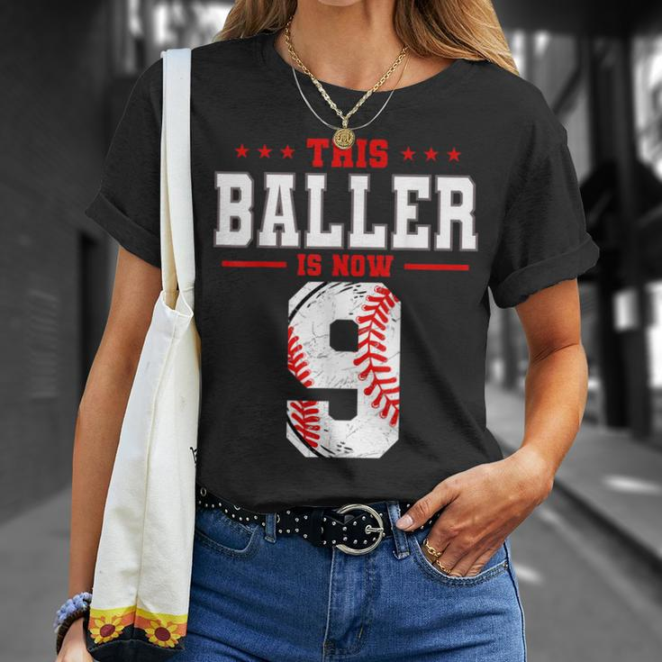 This Baller Is Now 9 Birthday Baseball Theme Bday Party Unisex T-Shirt Gifts for Her