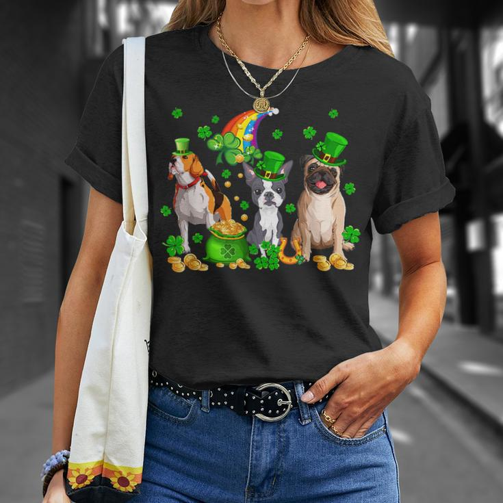 Three St Patricks Day Dogs Beagle Pug French Bulldog Lover T-Shirt Gifts for Her