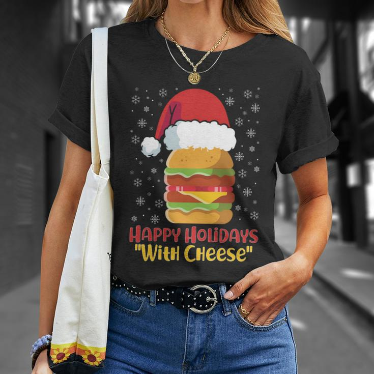 Ugly Christmas Sweater Burger Happy Holidays With Cheese V10 Unisex T-Shirt Gifts for Her