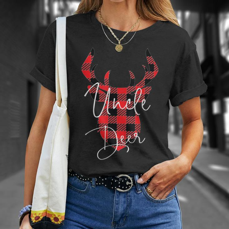 Uncle Deer Christmas Pajama Red Plaid Buffalo Matching Unisex T-Shirt Gifts for Her