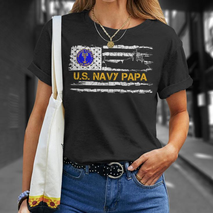 Vintage American Flag Proud Us Navy Papa Veteran Military Unisex T-Shirt Gifts for Her