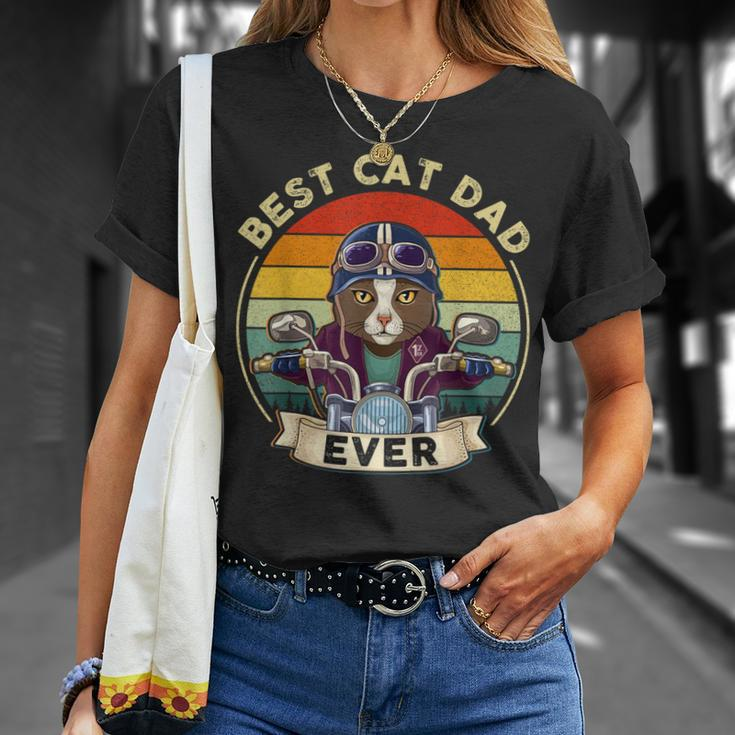 Vintage Best Cat Dad Ever Cat Riding Motorcycle Fathers Day Unisex T-Shirt Gifts for Her