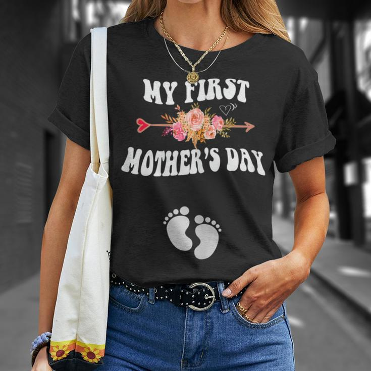 Womens My First Mothers Day Pregnancy Announcement New Mom 2023 Unisex T-Shirt Gifts for Her