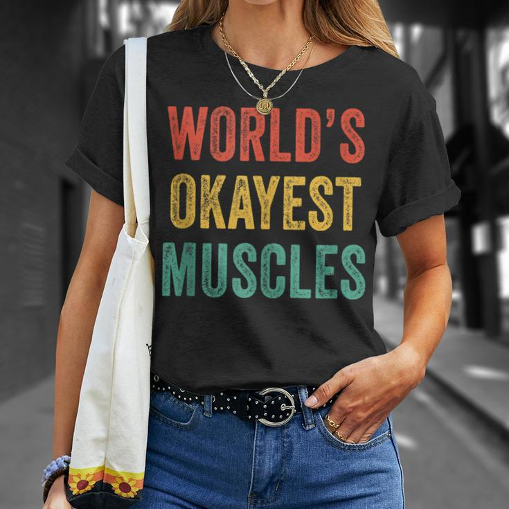 Worlds Okayest Muscles Gym Fathers Day Dad Vintage Retro T-Shirt Gifts for Her