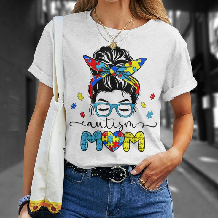 Autism Mom Messy Bun Sunglasses Bandana Autism Awareness Unisex T-Shirt Gifts for Her