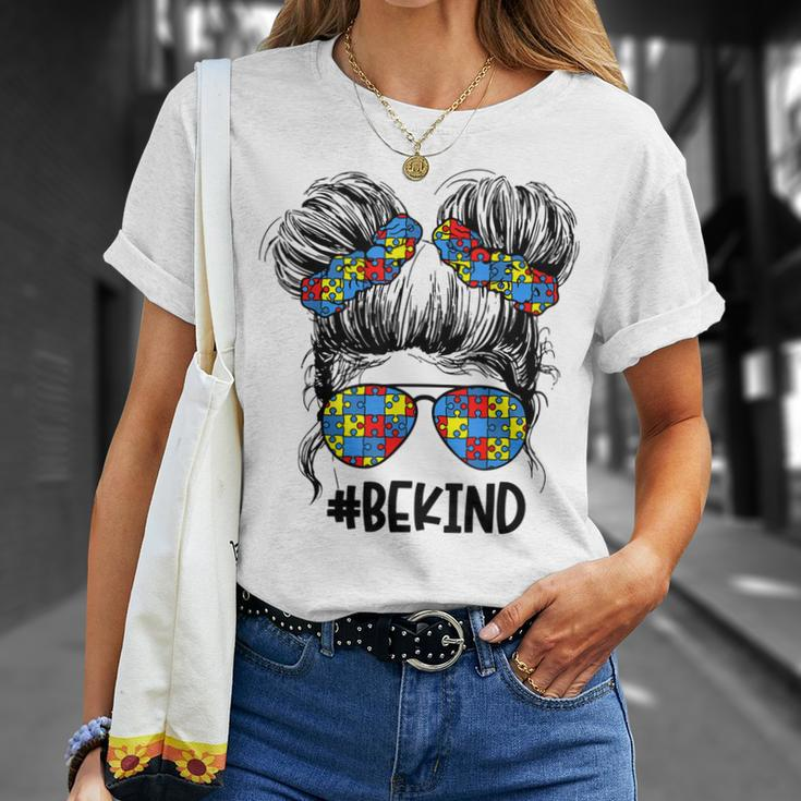Be Kind Messy Bun Girls Kids Autism Awareness Kindness Month Unisex T-Shirt Gifts for Her