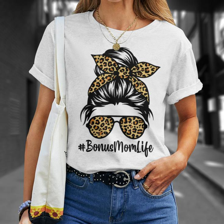 Bonus Mom Life Leopard Messy Bun Stepmom Mothers Day Unisex T-Shirt Gifts for Her