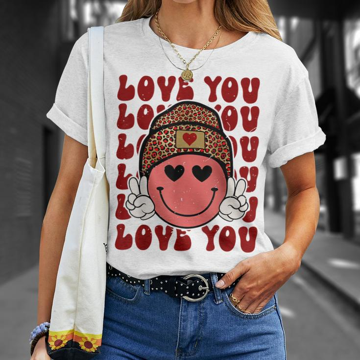 Hippie Smiling Face Wearing Beanie Hat Love You Valentine T-Shirt Gifts for Her