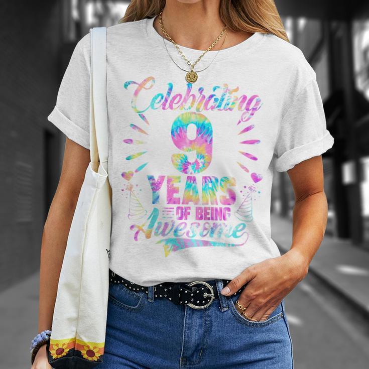 Kids Celebrating 9 Year Of Being Awesome With Tie-Dye Graphic Unisex T-Shirt Gifts for Her