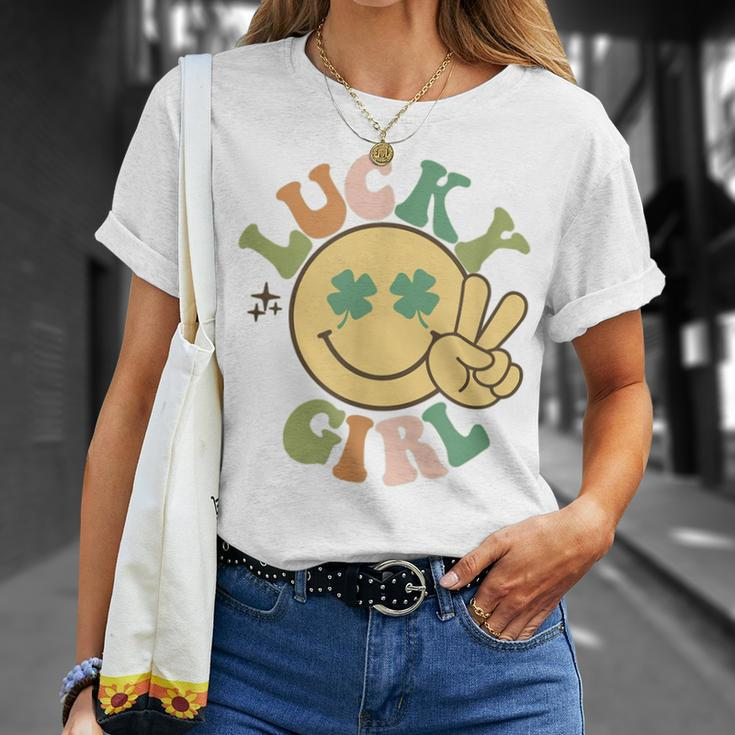 Lucky St Patricks Day Retro Smiling Face Shamrock Hippie Unisex T-Shirt Gifts for Her