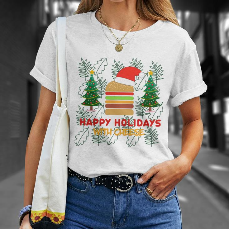 Ugly Christmas Sweater Burger Happy Holidays With Cheese V17 Unisex T-Shirt Gifts for Her