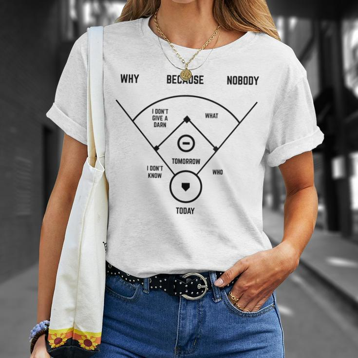 Whos On First Baseball Vintage Joke Baseball Dad T-Shirt Gifts for Her