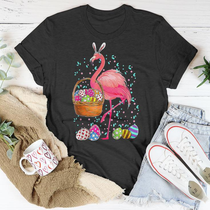 Cute Flamingo Bunny Eggs Happy Easter Egg Basket Hunting Unisex T-Shirt Unique Gifts