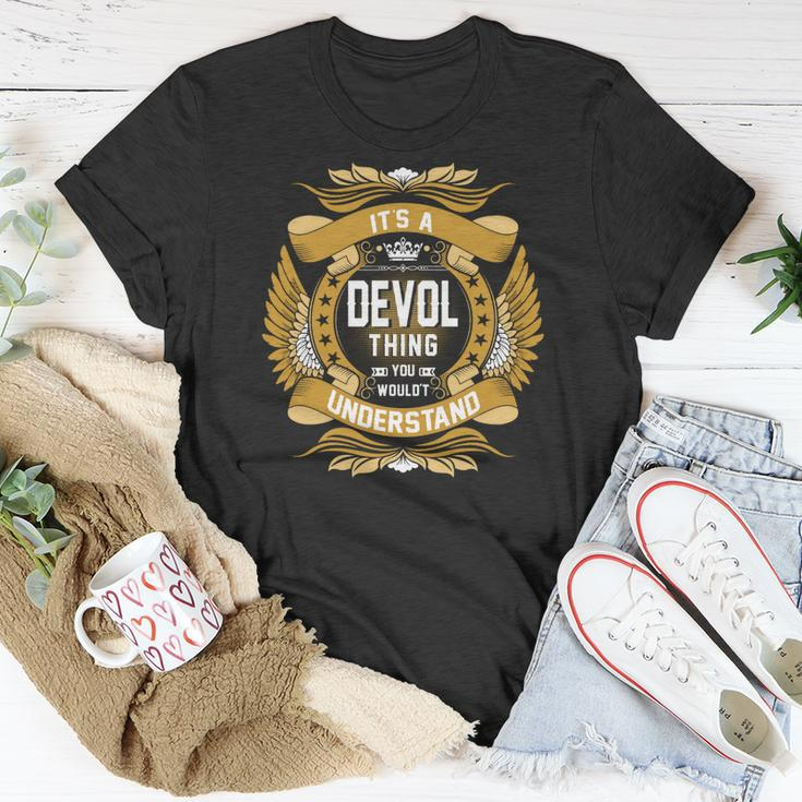 Devol Name Devol Family Name Crest Unisex T-Shirt Funny Gifts
