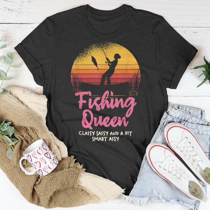 Fishing Queen Damen T-Shirt mit Angler-Sonnenuntergang und Spruch Lustige Geschenke