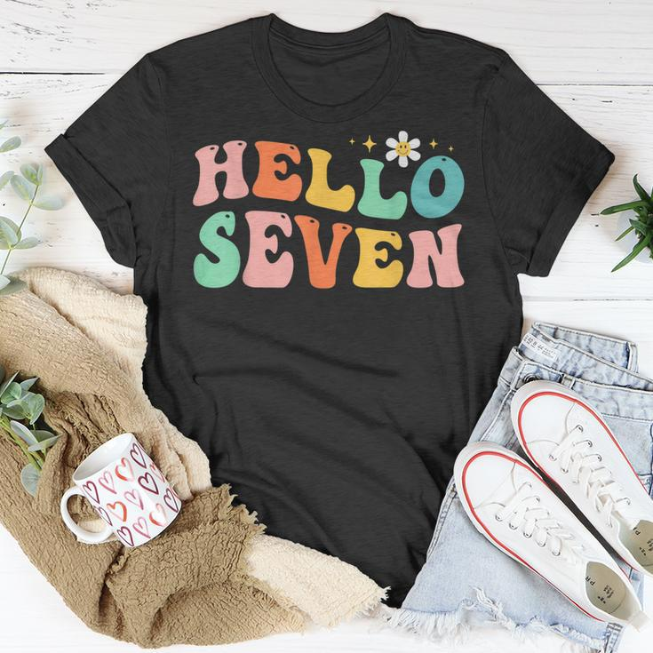 Hello Seven 7 Year Old 7Th Birthday Girl Age 7 Bday Groovy Unisex T-Shirt Unique Gifts