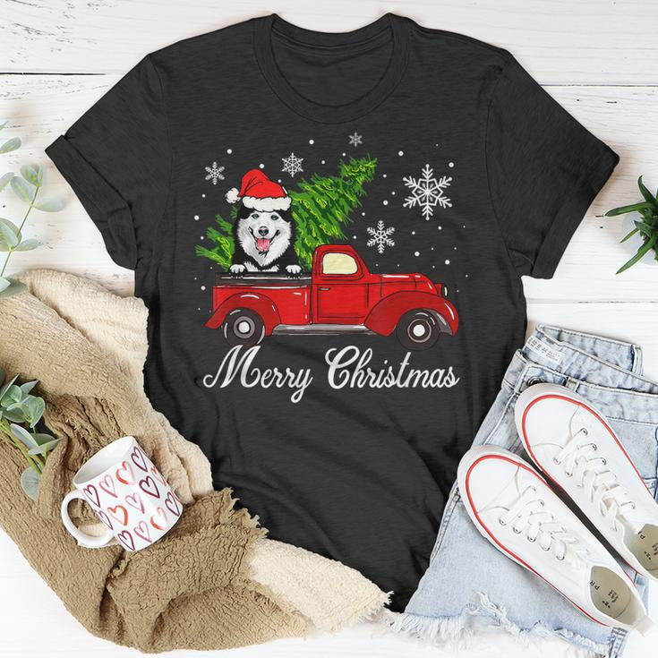 Husky Dog Riding Red Truck Christmas Decorations Pajama T-shirt Funny Gifts