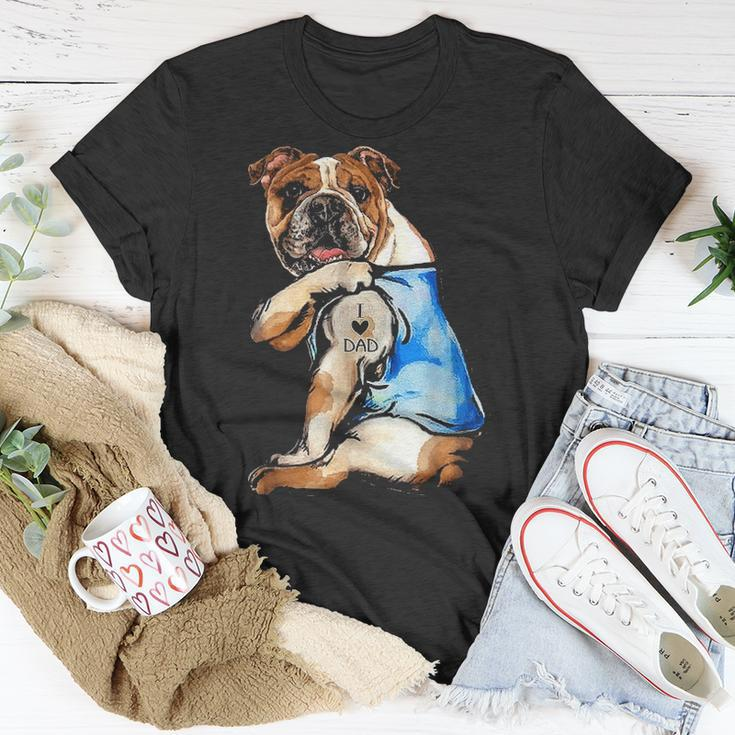 I Love Dad Tattoo English Bulldog Dog Dad Tattooed Gift Unisex T-Shirt Funny Gifts