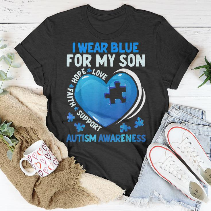 I Wear Blue For My Son Autism Awareness Day Autistic Mom Dad Unisex T-Shirt Unique Gifts