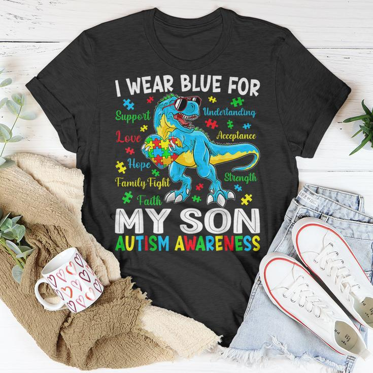 I Wear Blue For My Son Autism Awareness Dinosaur For Dad Mom Unisex T-Shirt Unique Gifts