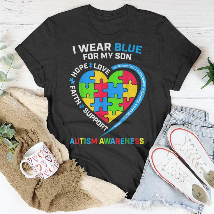 I Wear Blue For My Son Autism Awareness Mom Dad Heart Puzzle Unisex T-Shirt Unique Gifts