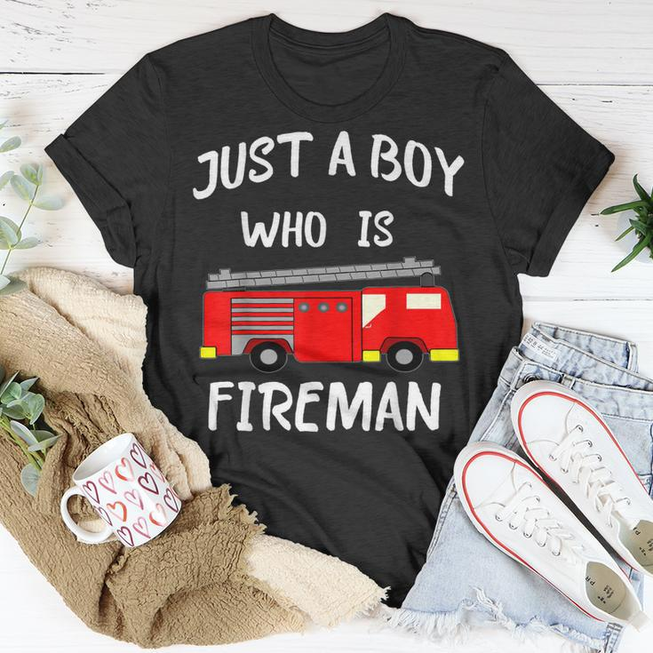 Just A Boy Who Is A Fireman Firefighter Fire Fighter T-Shirt Funny Gifts