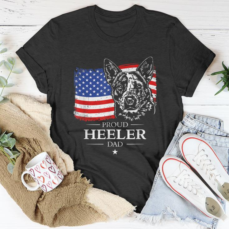 Mens Proud Cattle Dog Heeler Dad American Flag Patriotic Dog Unisex T-Shirt Unique Gifts