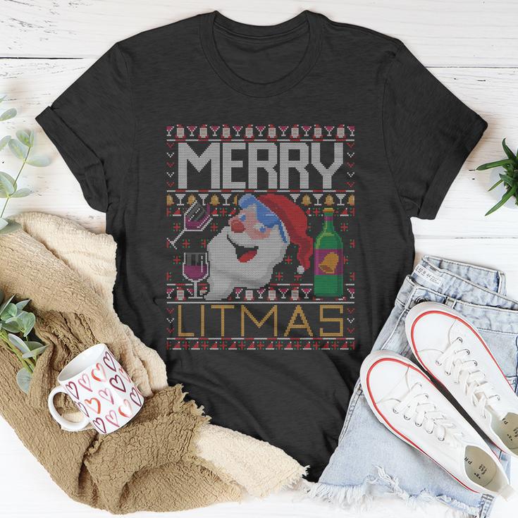 Merry Litmas Lit Santa Claus Wine Ugly Christmas Sweater Cute Gift Unisex T-Shirt Unique Gifts