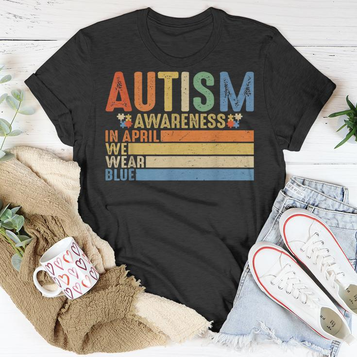 Retro In April We Wear Blue Puzzle Autism Awareness Month Unisex T-Shirt Unique Gifts