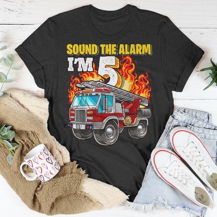 Sound The Alarm Im 5 5Th Birthday Fireman Firetruck Boys Unisex T-Shirt Unique Gifts