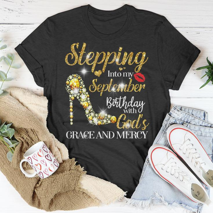Stepping Into September Birthday With Gods Grace And Mercy T-Shirt Funny Gifts