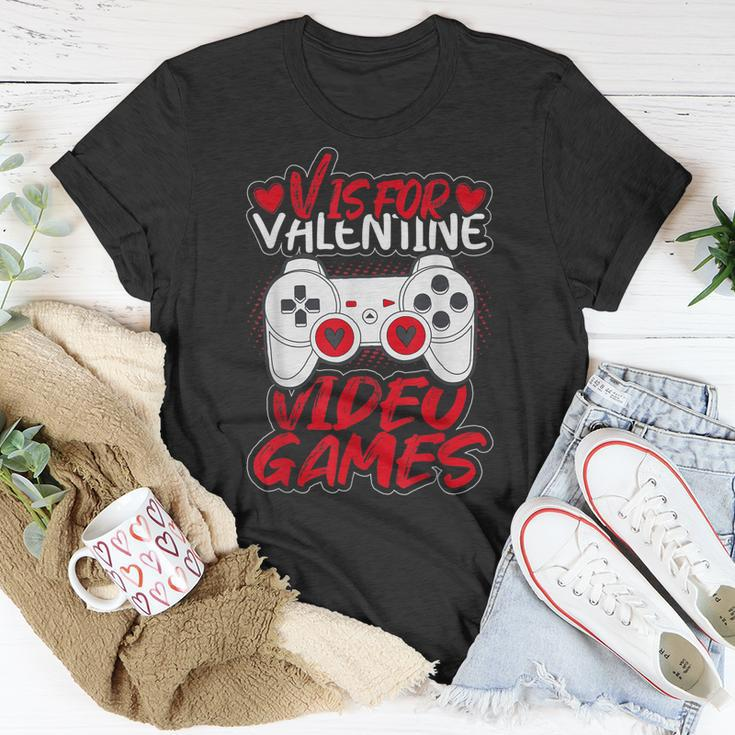 V Is For Video Games Gamer Kids Boys Valentines Day T-Shirt Funny Gifts