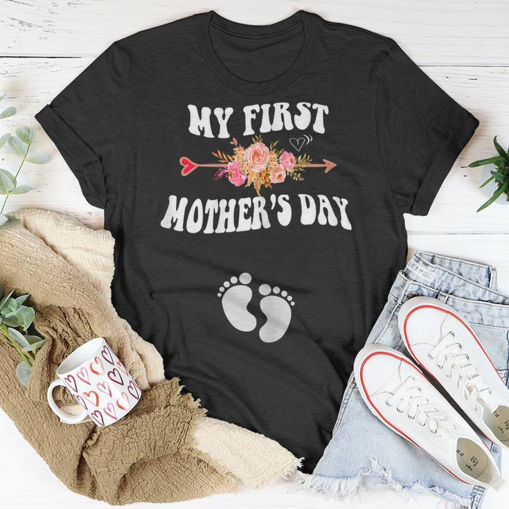 Womens My First Mothers Day Pregnancy Announcement New Mom 2023 Unisex T-Shirt Unique Gifts