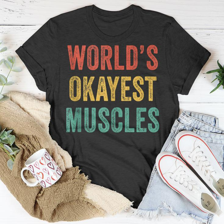 Worlds Okayest Muscles Gym Fathers Day Dad Vintage Retro T-Shirt Funny Gifts