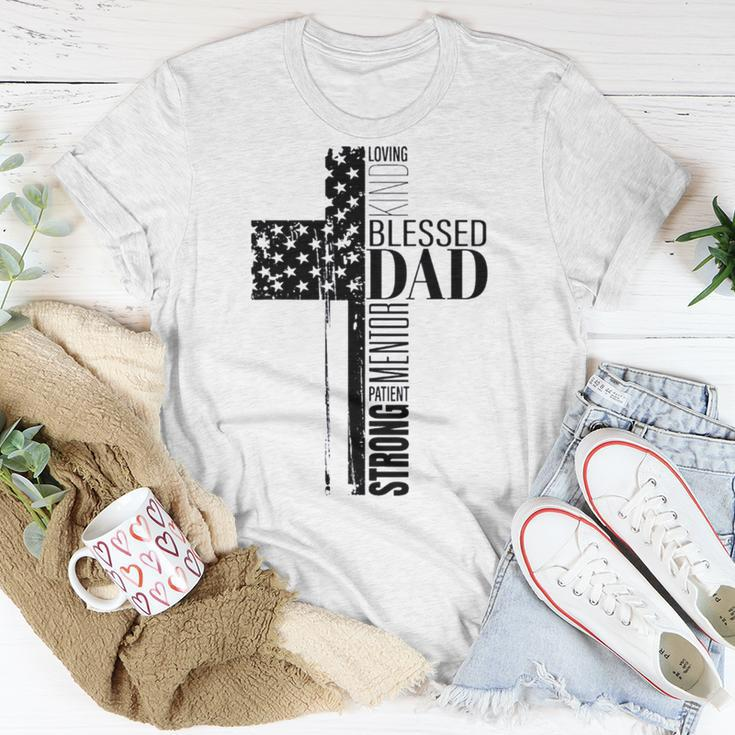 Cool Christian Blessed Dad Cross American Flag Fathers Day Unisex T-Shirt Unique Gifts