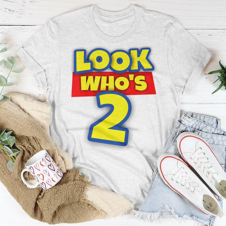 Kids 2 Year Old Birthday Party Toy Theme Boys Girls Look Whos 2 Unisex T-Shirt Unique Gifts
