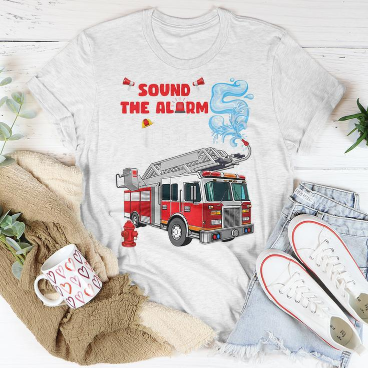 Kids Sound The Alarm Im 5 Kids Fire Truck Firefighter Birthday T-Shirt Funny Gifts