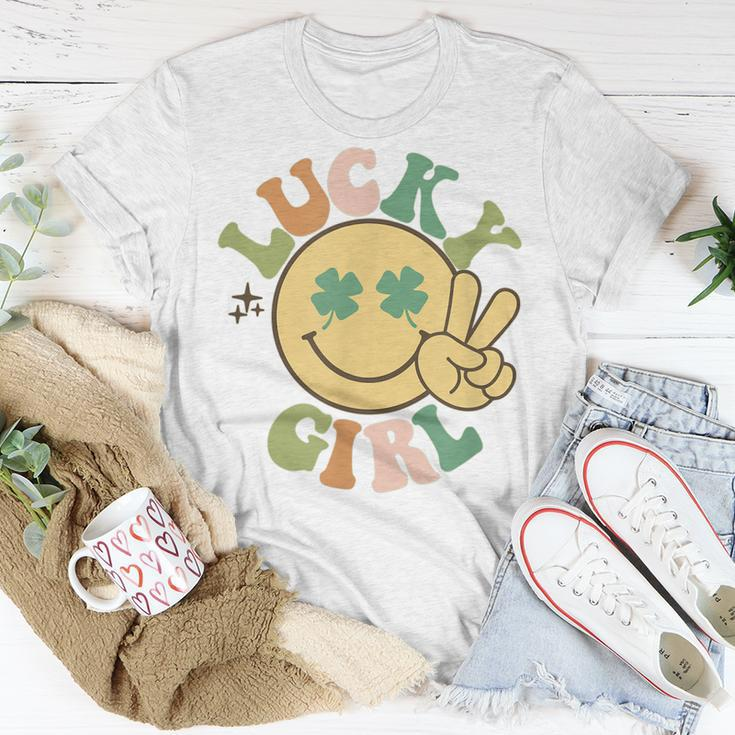 Lucky St Patricks Day Retro Smiling Face Shamrock Hippie Unisex T-Shirt Unique Gifts