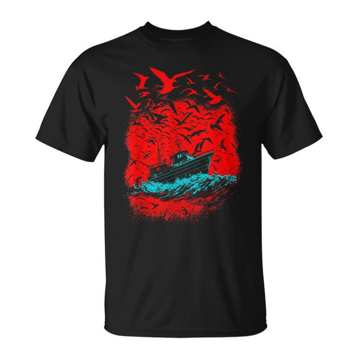Art Birds And Boat In Ocean Under Red Sky  Unisex T-Shirt