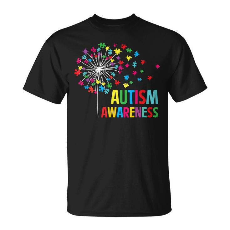 Autism Awareness Dandelion Puzzle Piece Dad Mom Autistic Unisex T-Shirt
