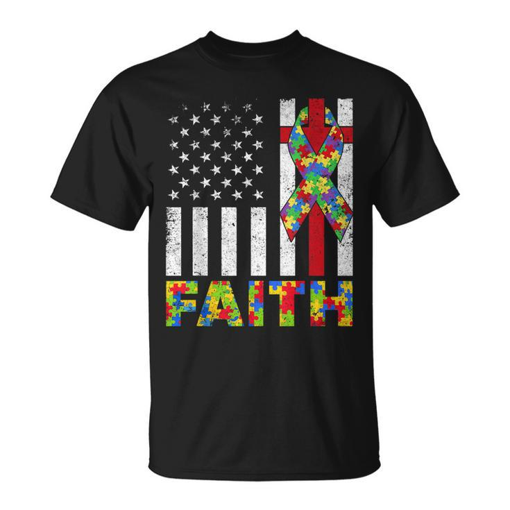 Autism Awareness Faith Cross Autistic Usa Flag For Dad Mens Unisex T-Shirt