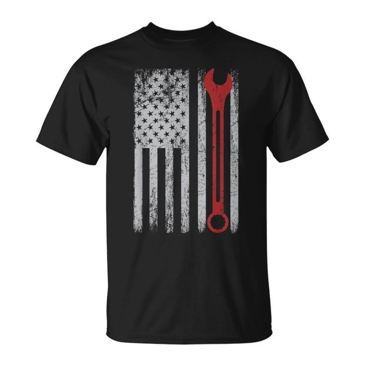 Auto Repairman Car Mechanic Wrench Workshop Tools Usa Flag  Unisex T-Shirt