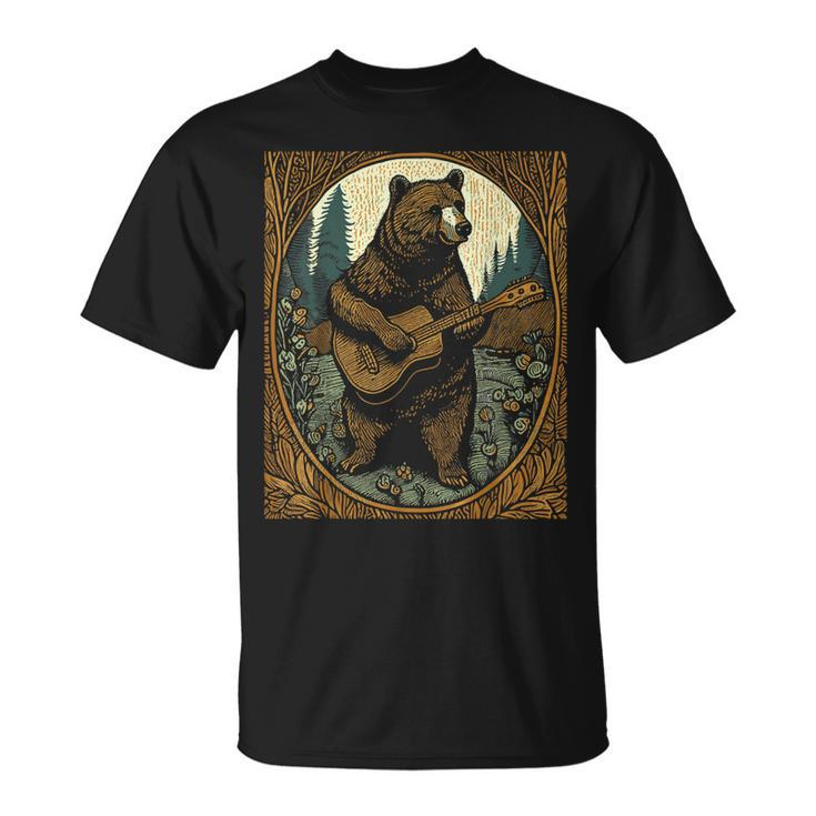 Bear Playing Guitar Vintage Cottagecore Funny Cute Music  Unisex T-Shirt