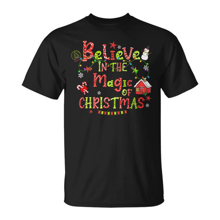Believe In The Magic Of Christmas Santa Snowman Candy Cane T-shirt