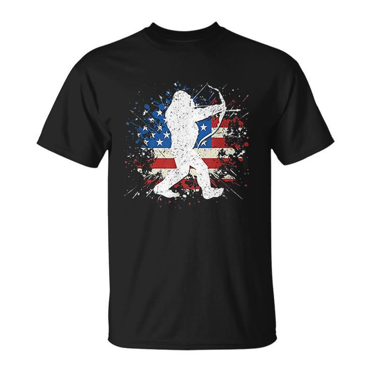 Bigfoot Bow Hunting Archery American Flag Sasquatch T-shirt
